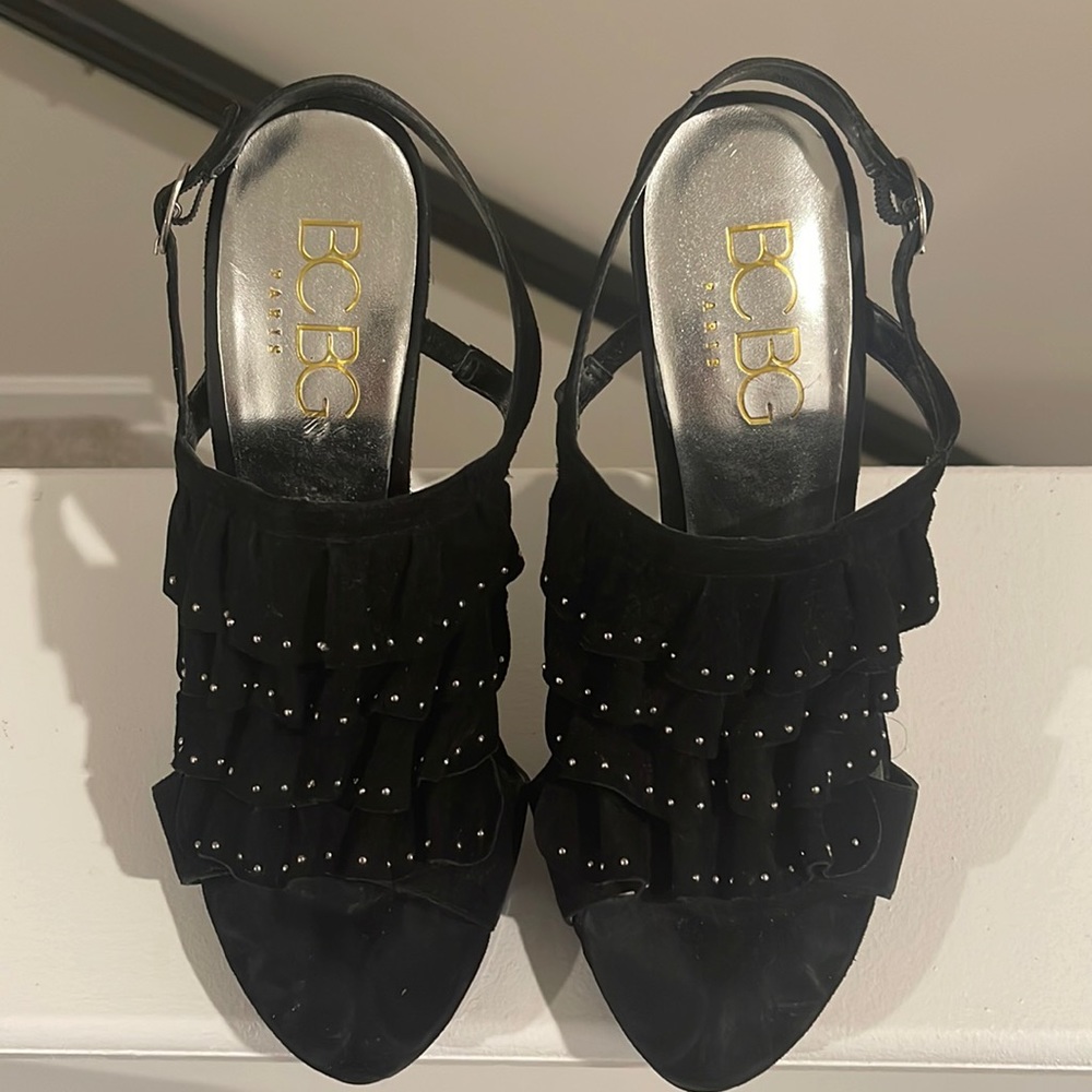 BCBG Suede Ruffle Stud Sandals